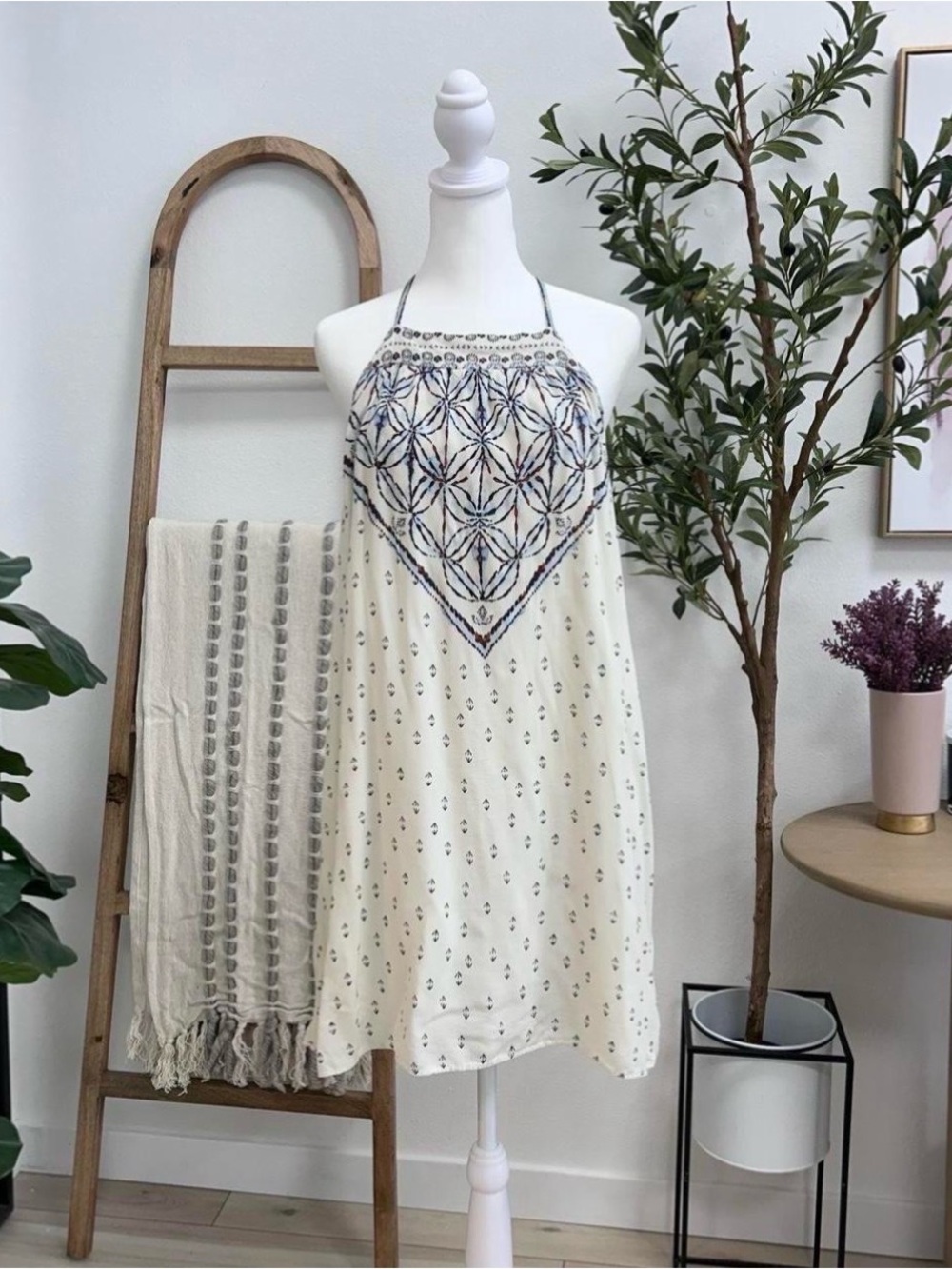 Cream Halter Sundress with Blue Embroidered Yoke - Picture 2 of 6
